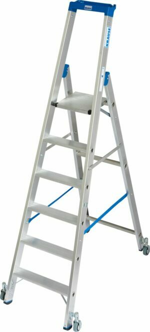 6-step single-sided KRAUSE ladder with platform and spring castors