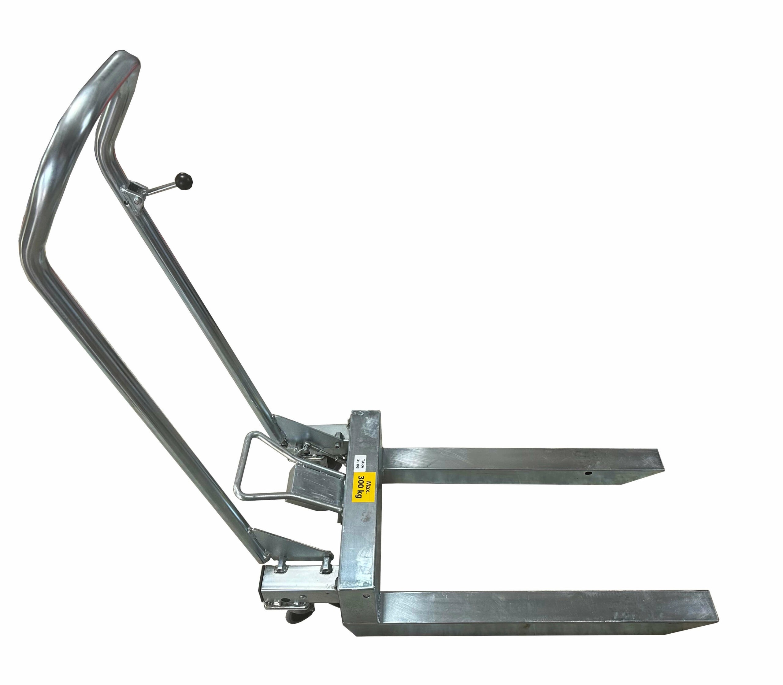 Vienu pedalo paspaudimu iki 300kg svorio paletę pakeliantis, lengvas cinkuoto plieno palečių vežimėlis Athlet 780mm ilgio šakėmis