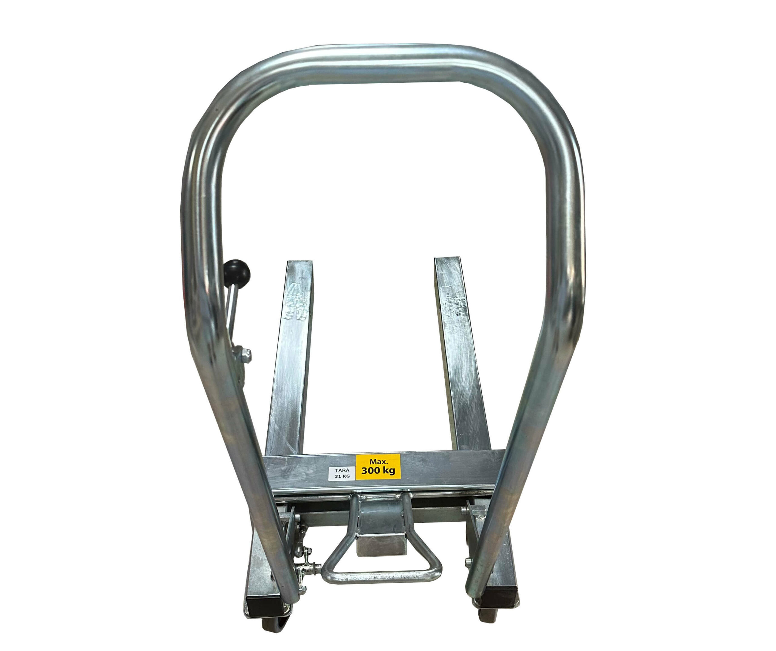 Vienu pedalo paspaudimu iki 300kg svorio paletę pakeliantis, lengvas cinkuoto plieno palečių vežimėlis Athlet 780mm ilgio šakėmis