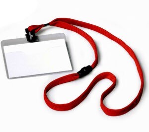10 holders for 90x60mm name cards with red textile strap 813903