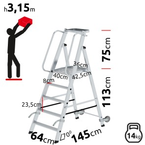 5-step folding MUNK ladder with large platform and wheels 051085