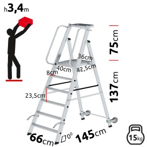6-step folding MUNK ladder with large platform and wheels 051086