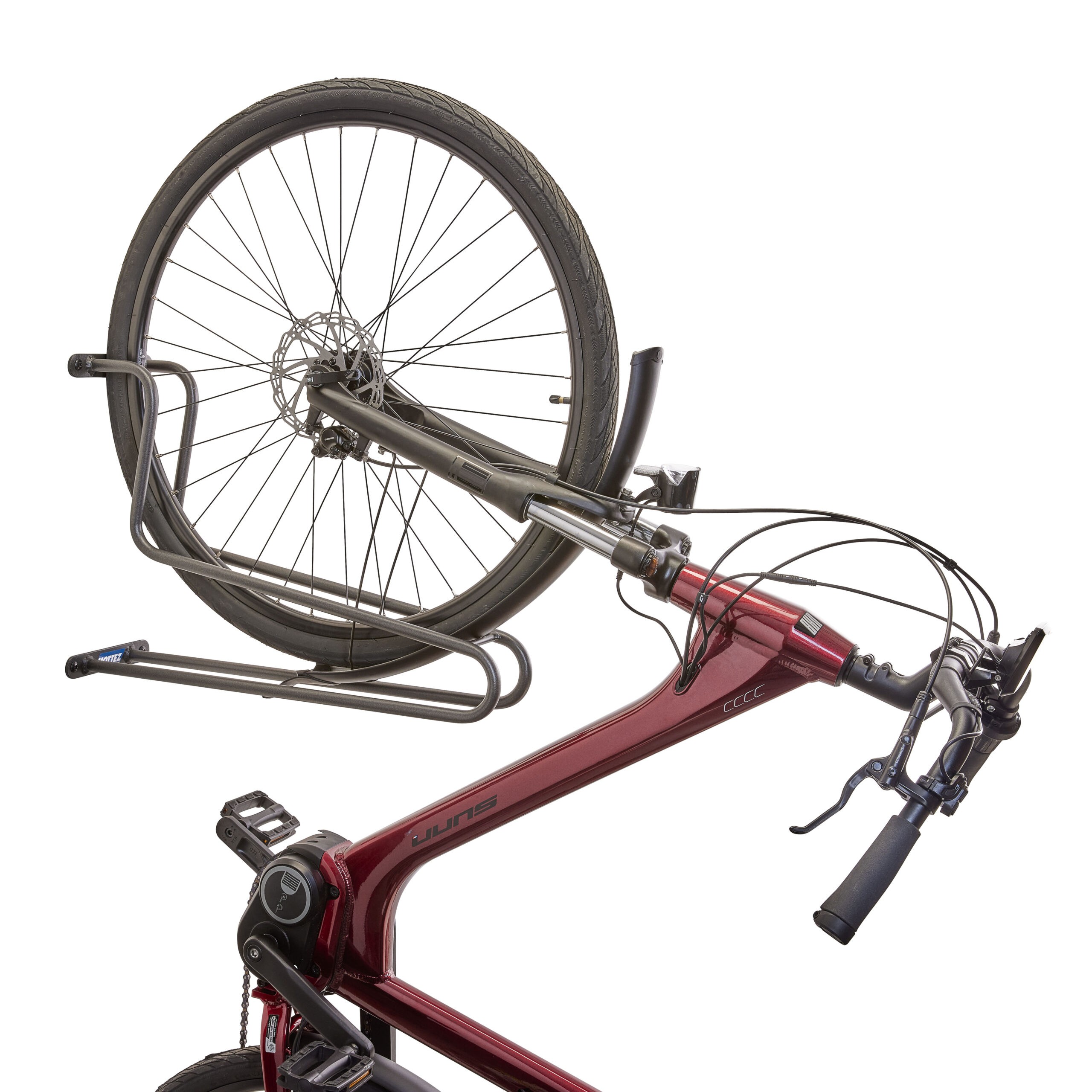 Prie sienos tvirtinamas fiksuotas vertikalus dviračio laikiklis fiksuojantis dviračio padangą M091S
