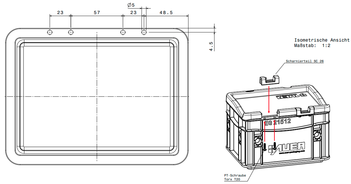 Atverčiamas dangtis su fiksatoriais 30x20cm formato Euro dėžėms